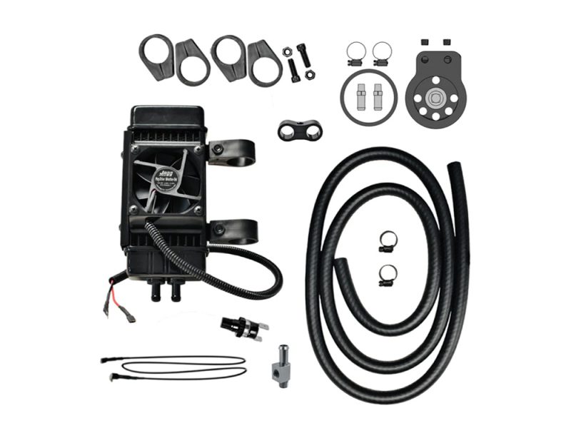 Fan Assisted 10 Row Vertical Oil Cooler Kit. Fits Softail 2018up High-performance motorcycle charging and cooling system components, ideal for custom bikes.