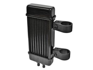 Aluminium motorcycle radiator with black cooling fins and mounting brackets for Revelry Motorcycles.
