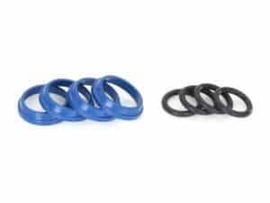 Blue and black rubber O-rings for motorcycle maintenance and repair.