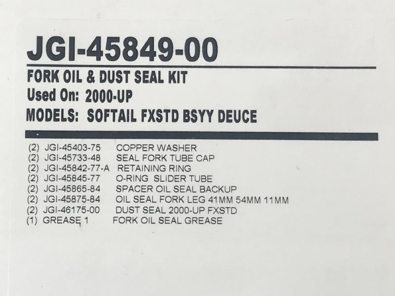 Fork oil and dust seal kit for Yamaha Softail FXSTD and Deuce motorcycles.