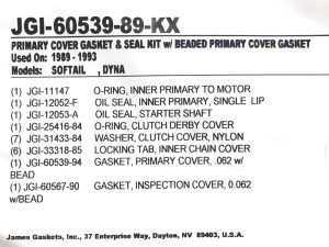 Primary Cover Gasket Kit. Fits Softail & Dyna 1989-1993.
