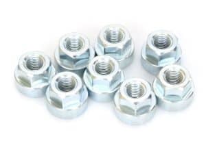 Set of motorcycle wheel nuts, chrome finish, for reliable bike wheel security.