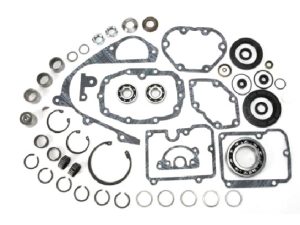 Gasket and bearing set for motorcycle engine repair or maintenance.