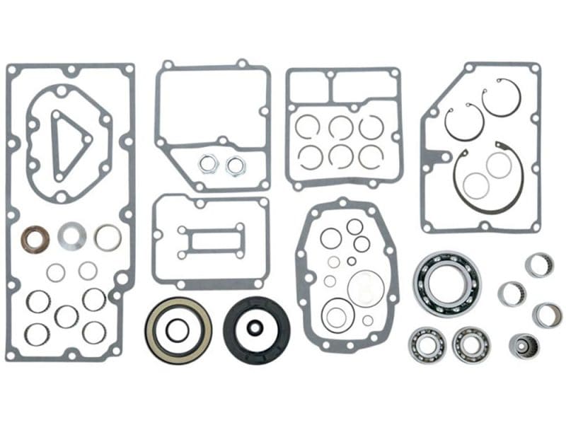 Transmission Rebuild Kit. Fits 5Spd Big Twin 1991-1998 & Aftermarket 6 Speed with the Smaller 1991-1998 Trapdoor Bearings. High-quality motorcycle engine gasket set with bearings for Revelry Motorcycles.