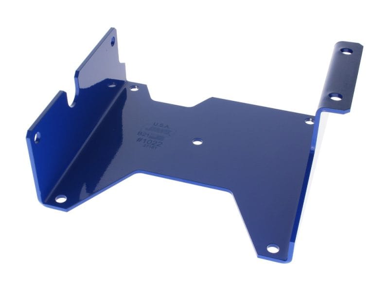 Blue motorcycle part metal bracket for Revelry Motorcycles, aftermarket custom bike accessory.