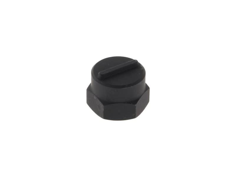 Black motorcycle fuel cap vent valve for Revelry Cycles bikes.