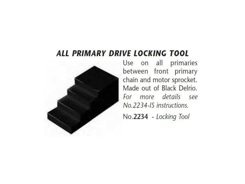 Black motorcycle primary drive locking tool for bike maintenance and repairs.