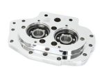 Aluminium motorcycle engine component with dual ball bearings, chrome finish, flat mounting surface.