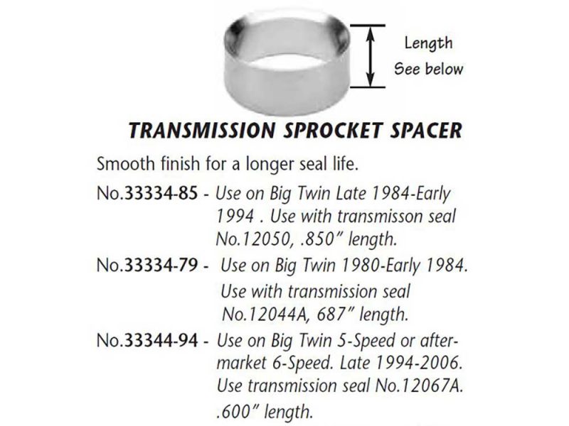 Transmission sprocket spacer for motorcycle engine longevity, compatible with Big Twin models and transmission seals.