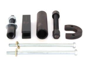 Heavy-duty motorcycle shock absorber mounting kit with bolts and spacers for Revelry Motorcycles.