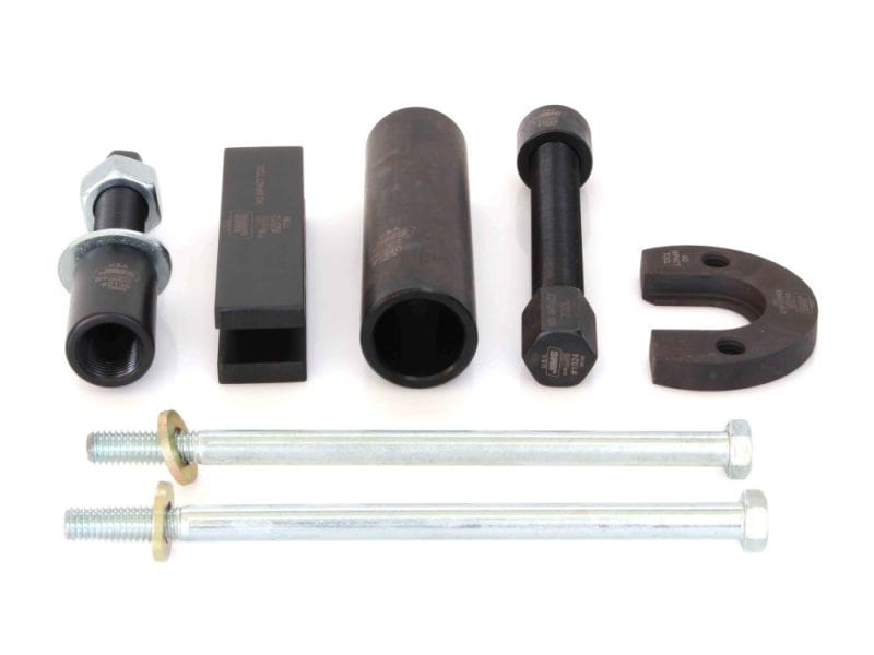 Heavy-duty motorcycle shock absorber mounting kit with bolts and spacers for Revelry Motorcycles.