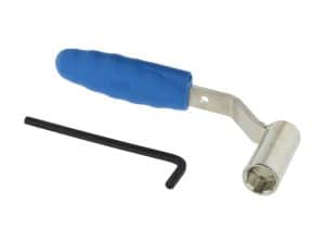 Hand roller tool with blue rubber grip for motorcycle maintenance and repair.