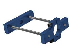 Heavy-duty motorcycle wheel chock for secure parking and transport. Durable blue metal with screws for custom fitting.