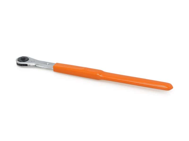Adjustable wrench with orange handle for motorcycle repair and maintenance.