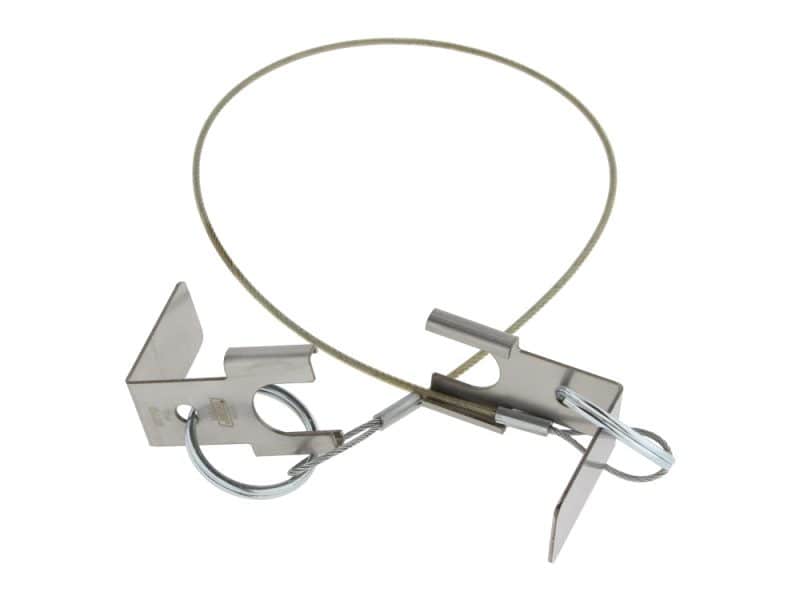 Cable lock with metal clasps for motorcycle security at Revelry Motorcycles.