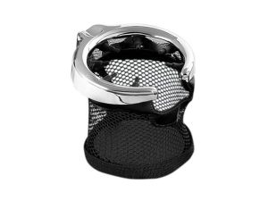 Chrome motorcycle cup holder with mesh base for Revelry Motorcycles Australia.
