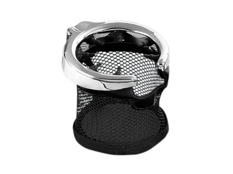 Chrome motorcycle cup holder with mesh base for Revelry Motorcycles Australia.