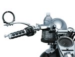 Chromed motorcycle handlebar with water bottle holder and control switches.