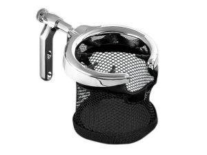 Polished motorcycle oil filter with chrome finish and mesh screen for Harley Davidson bikes.