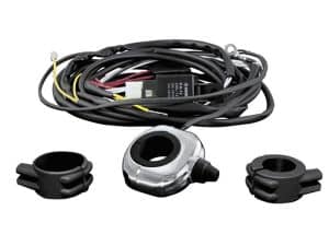 High-performance motorcycle wiring kit with handlebar clamp and electrical connectors for Revelry Motorcycles.