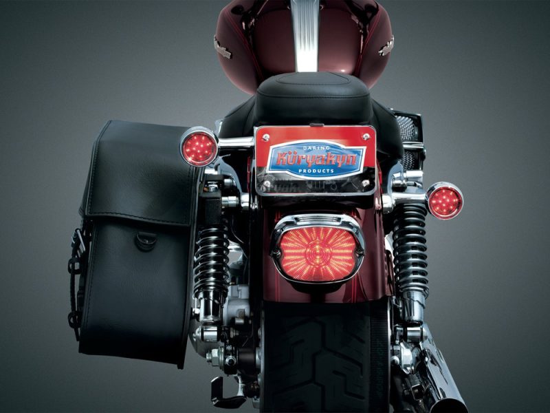 Kuryakyn motorcycle rear with saddlebags and LED lights, custom cruiser bike Australia.