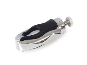 Chrome motorcycle footpeg with black rubber grip for Revelry Motorcycles.