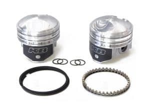 High-performance motorcycle pistons with rings and seals for Revelry Motorcycles.
