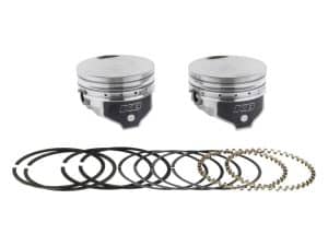 High-performance motorcycle pistons with rings and bearings for Revelry Motorcycles.