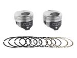 Piston kit with piston rings and circlips for motorcycle engine repair.