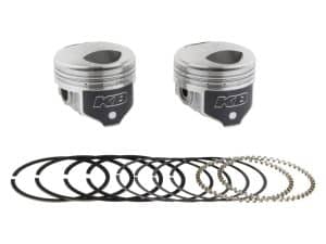 High-performance motorcycle piston kit with piston rings and pins for Revelry Motorcycles.