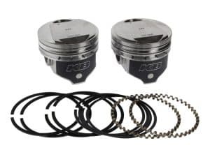 Lightweight motorcycle pistons with piston rings and packing in a set for Harley Davidson bikes.