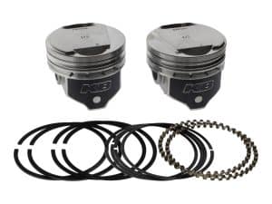 High-performance motorcycle piston set with rings and clips for Revelry Motorcycles.