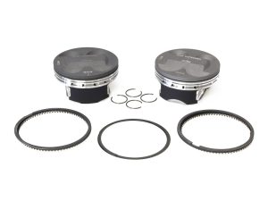 Lightweight motorcycle piston kit with rings and clips for Revelry Motorcycles.