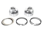 Precision motorcycle pistons with piston rings and pins for Harley-Davidson bikes.