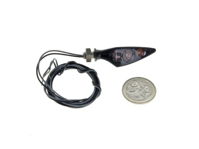 Mini motorcycle indicator light with wiring and toggle switch for Revelry Motorcycles Australia.