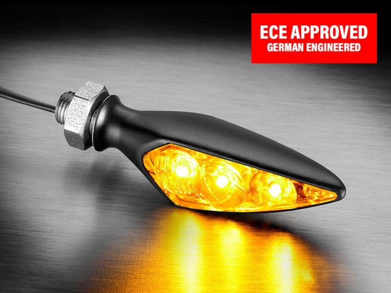 LED motorcycle turn signal with black casing and ECE approval, German engineered.