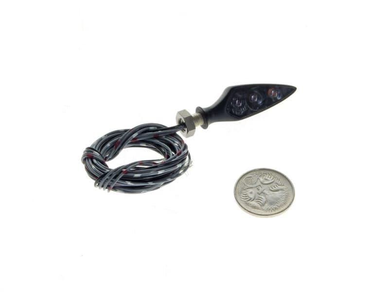 LED motorcycle indicator with wiring and bolt for Revelry Motorcycles.