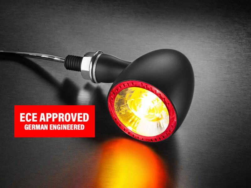 LED motorcycle indicator light, ECE approved, German engineered, for Revelry Motorcycles.