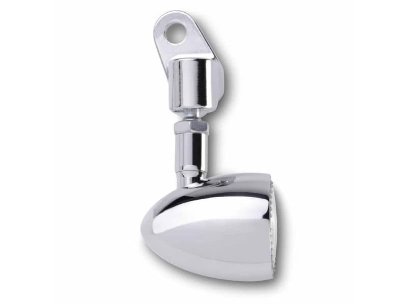 Chrome motorcycle headlight bracket for custom Harley bikes.