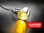 High-quality motorcycle LED indicator with yellow light, ECE approved, German engineered for Revelry Motorcycles.