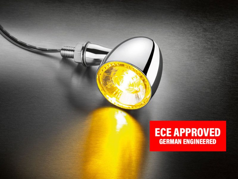 High-quality motorcycle LED indicator with yellow light, ECE approved, German engineered for Revelry Motorcycles.
