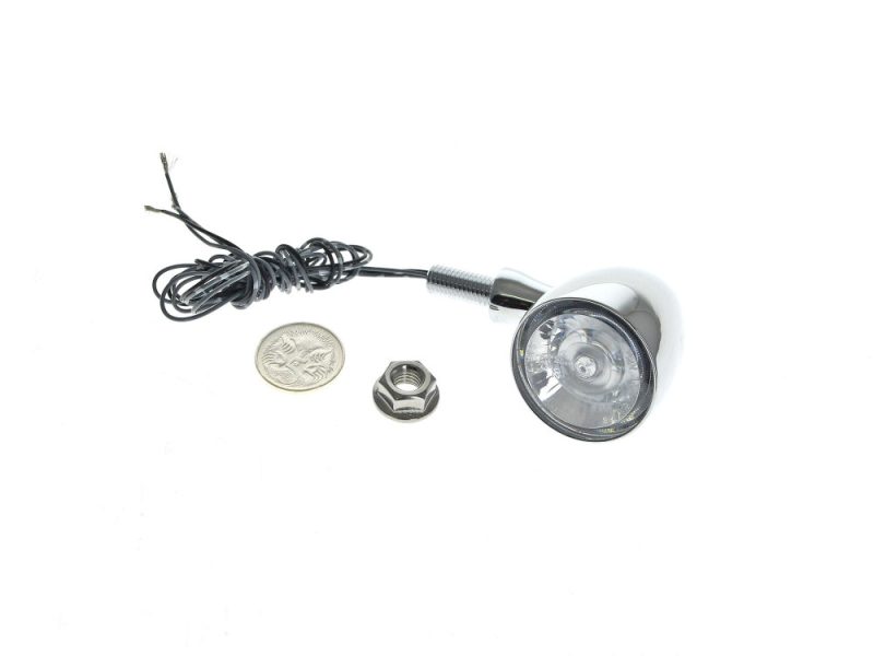Bullet 1000 PL LED Turn Signal - Amber Turn - White Running Light - Chrome. LED motorcycle headlight with wiring harness and mounting hardware on white background.