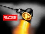 High-performance motorcycle LED indicator light with black housing and bright amber LEDs, ECE approved, German engineered design.