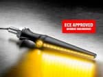 LED motorcycle indicator with ECE approval, German engineering, black handle, bright yellow light.