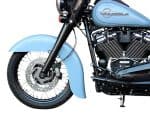 Bright blue Harley-Davidson motorcycle front wheel and fork with disc brake, showcasing quality design.