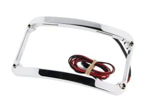 Chrome motorcycle headlight bezel with wiring harness for Revelry Motorcycles.