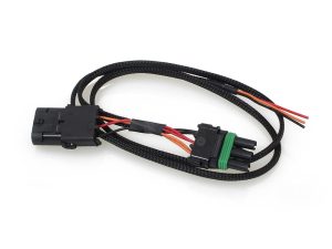 Wire harness for motorcycle electrical systems in black with connectors.