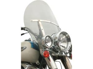 Motorcycle front view with windshield and chrome headlights, ideal for motorcycle rides and touring.