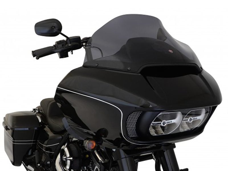 14in. Sports Flare Windshield - Dark Smoke Tint. Fits Road Glide 2015-2023 Black touring motorcycle with aerodynamic windshield and sleek design for long-distance rides.
