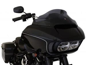 Black motorcycle fairing with sleek design and integrated windscreen.